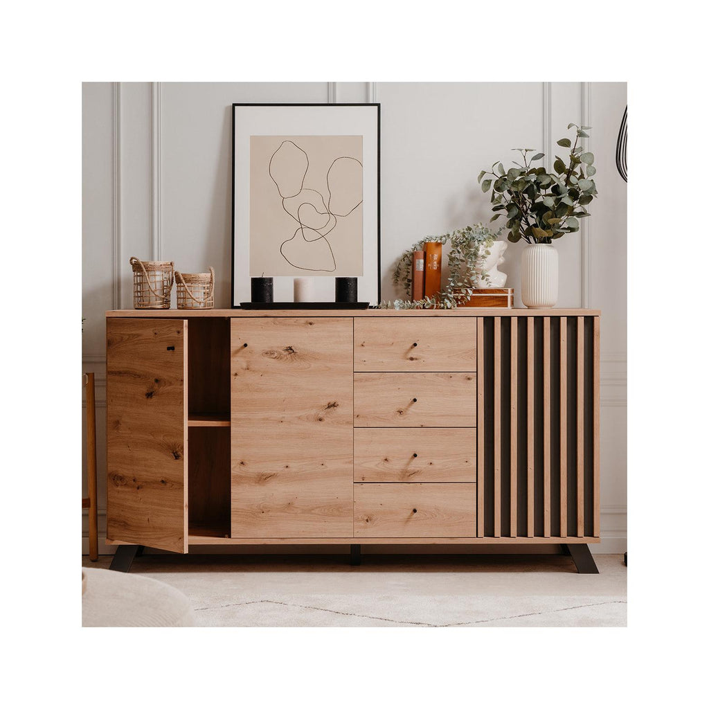 Flavia - Buffet 3 Portes 4 Tiroirs Effet Chêne 160 cm - Bois