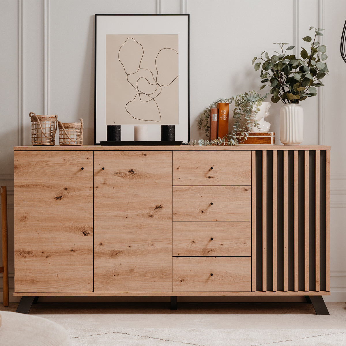 Flavia - Buffet 3 Portes 4 Tiroirs Effet Chêne 160 cm - Bois