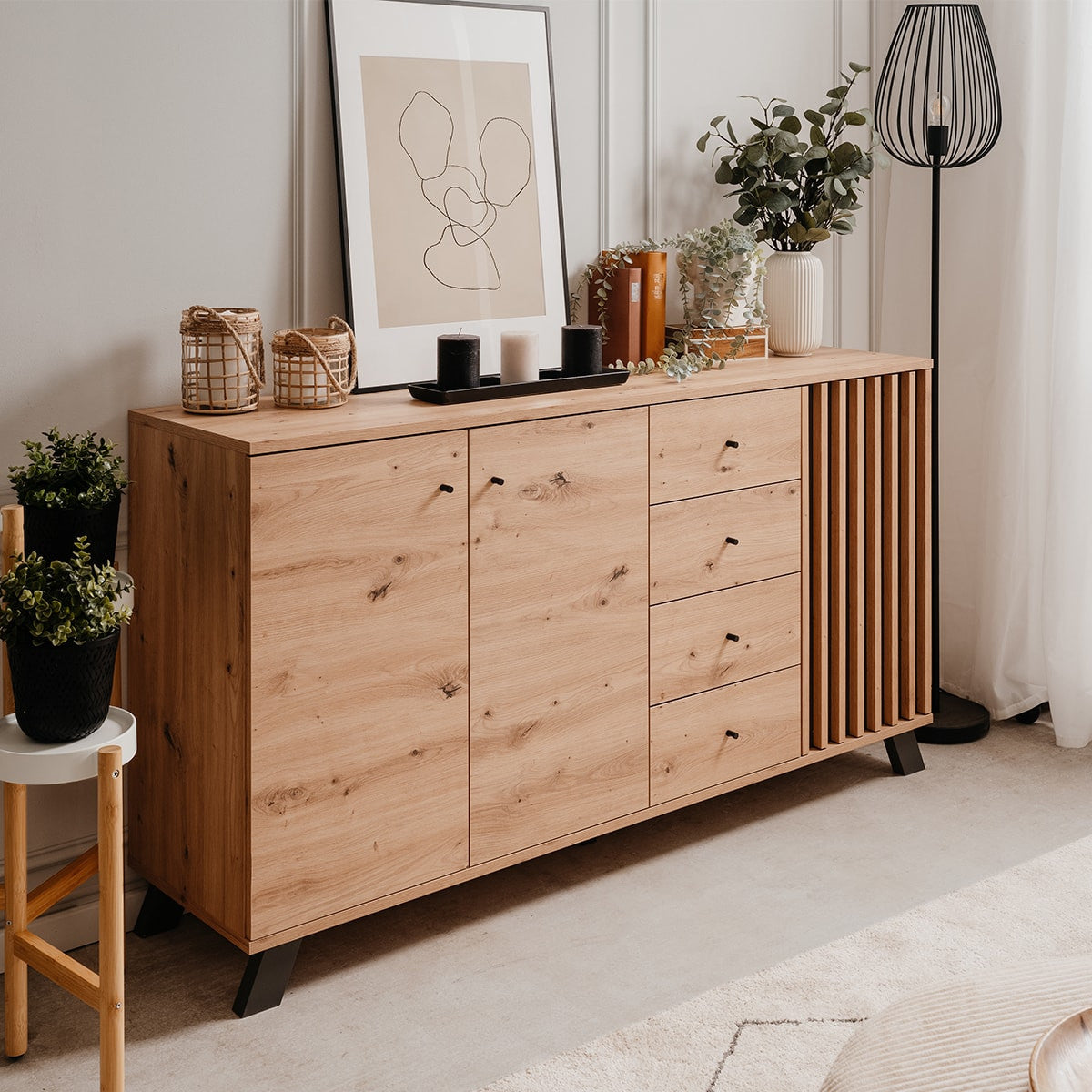 Flavia - Buffet 3 Portes 4 Tiroirs Effet Chêne 160 cm - Bois