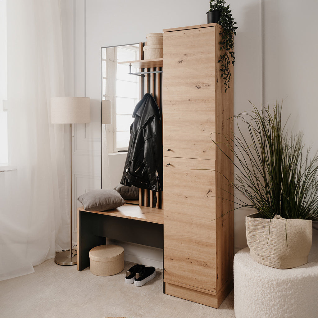 Flavia - Vestiaire 2 Portes avec Miroir Effet Chêne 122 cm - Gris Anthracite