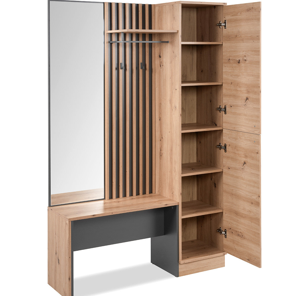 Flavia - Vestiaire 2 Portes avec Miroir Effet Chêne 122 cm - Gris Anthracite