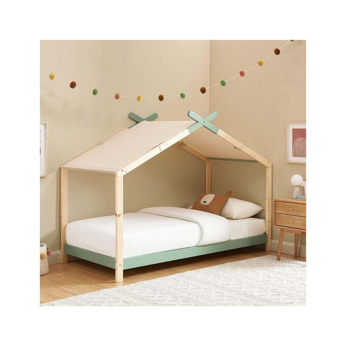 Charly - Lit Cabane 90x190 en Pin Massif avec Sommier - Vert