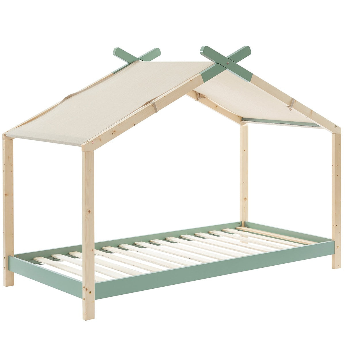 Charly - Lit Cabane 90x190 en Pin Massif avec Sommier - Vert