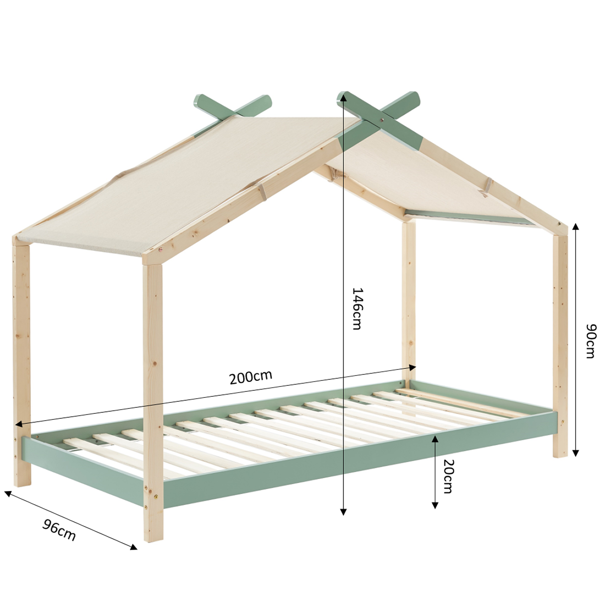 Charly - Lit Cabane 90x190 en Pin Massif avec Sommier - Vert