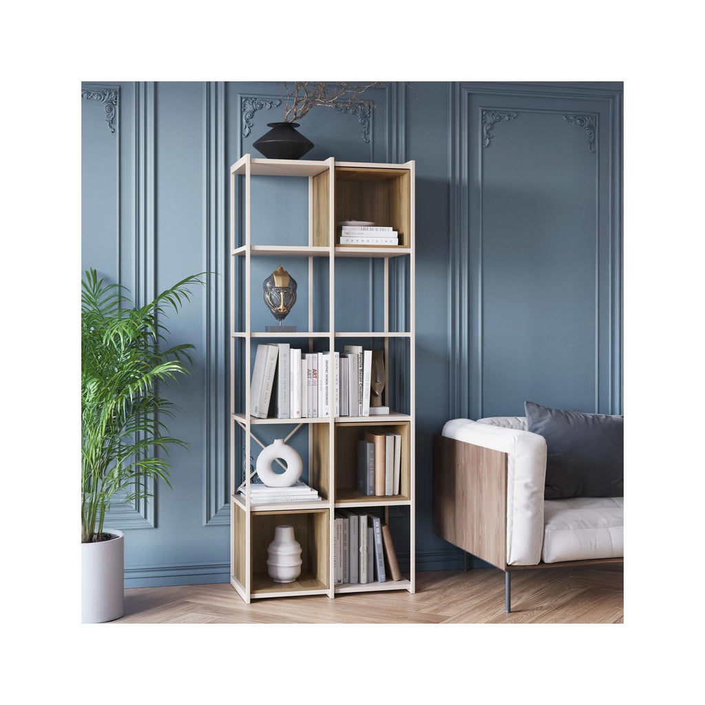 Elie - Bibliothèque 5 Niveaux en Métal et Décor Bois 70 cm - Beige