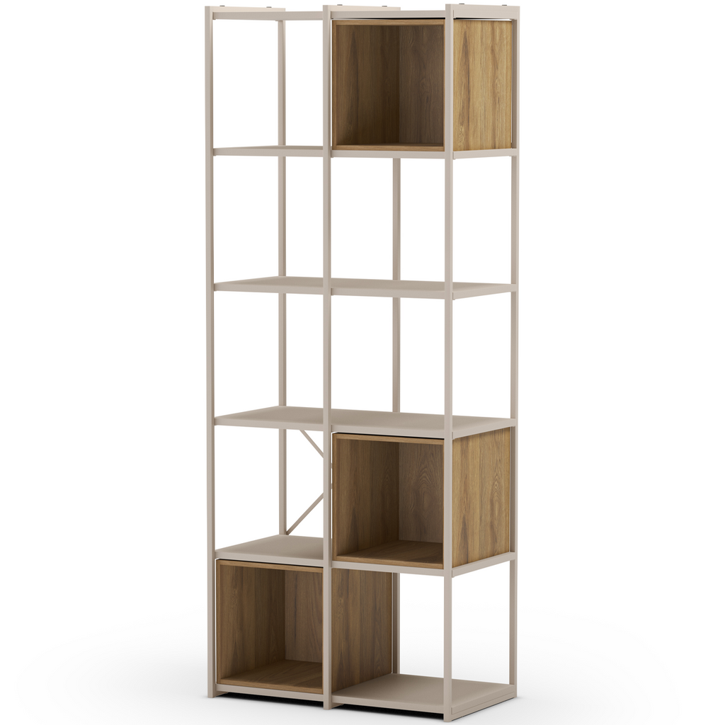 Elie - Bibliothèque 5 Niveaux en Métal et Décor Bois 70 cm - Beige