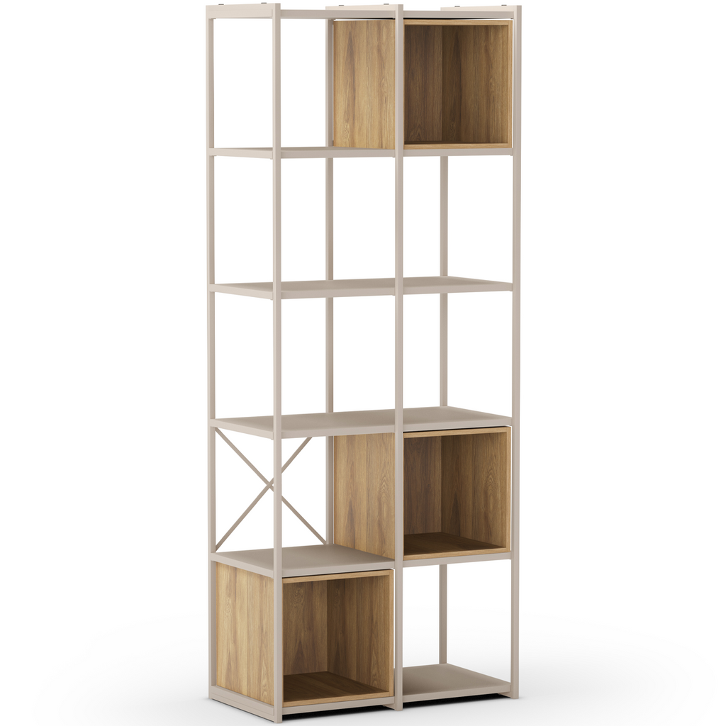 Elie - Bibliothèque 5 Niveaux en Métal et Décor Bois 70 cm - Beige