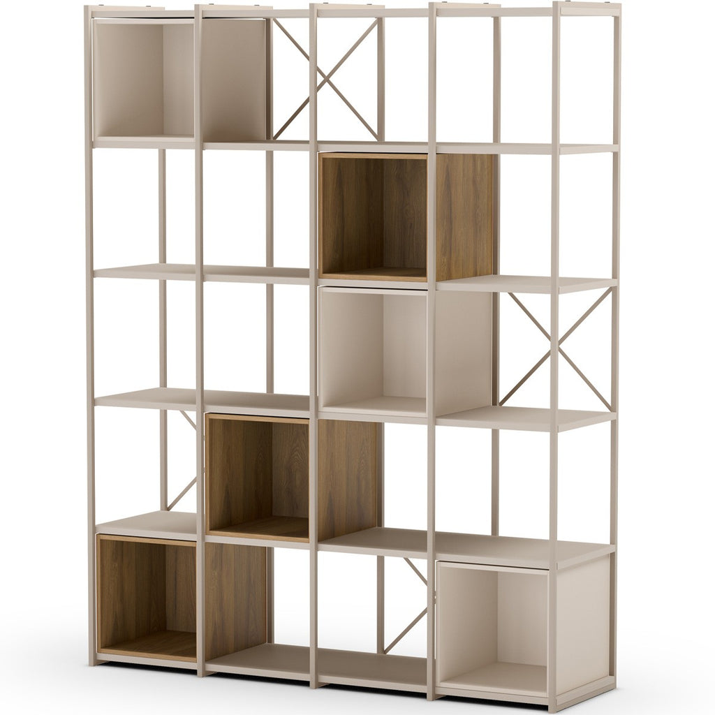 Elie - Bibliothèque 5 Niveaux en Métal et Décor Bois 140 cm - Beige