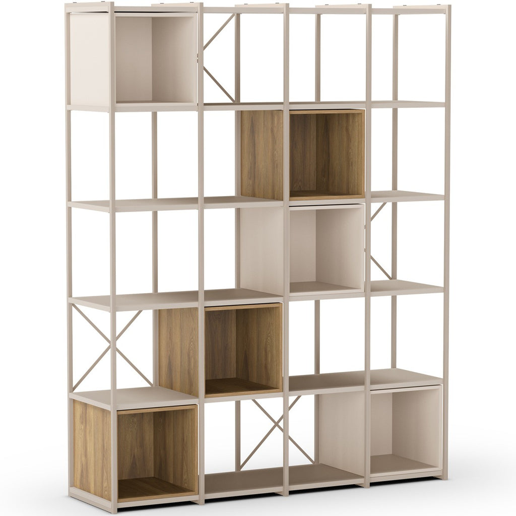 Elie - Bibliothèque 5 Niveaux en Métal et Décor Bois 140 cm - Beige