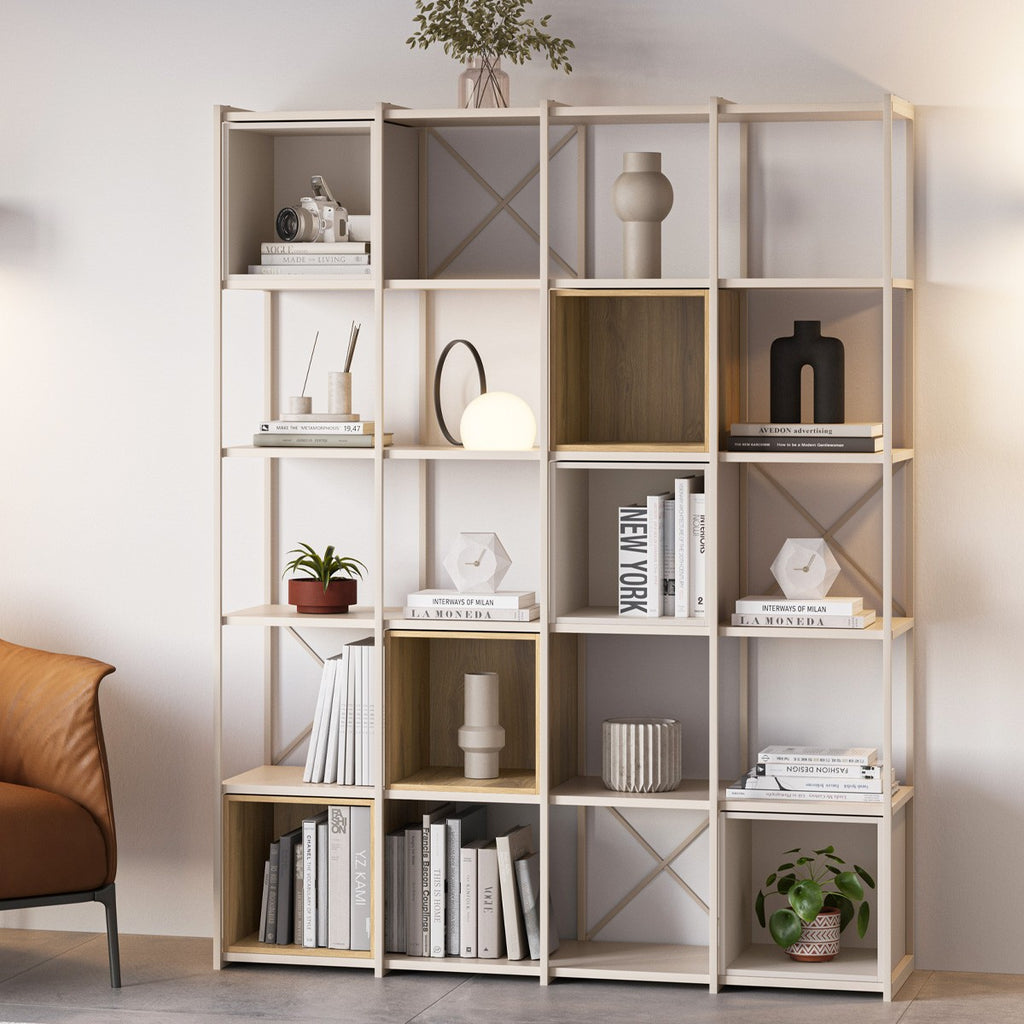 Elie - Bibliothèque 5 Niveaux en Métal et Décor Bois 140 cm - Beige