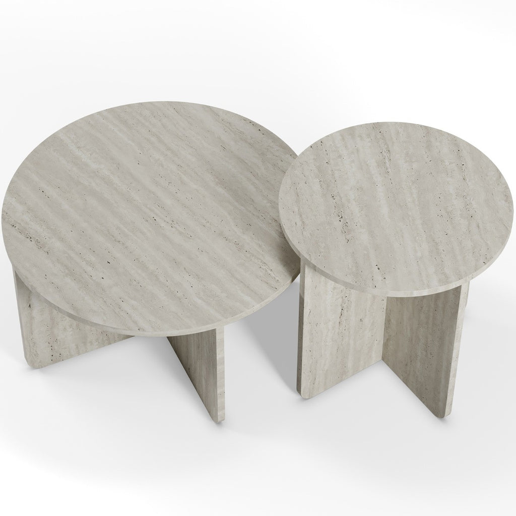 Mina - Set de 2 Tables Basses Rondes Décor Travertin - Beige