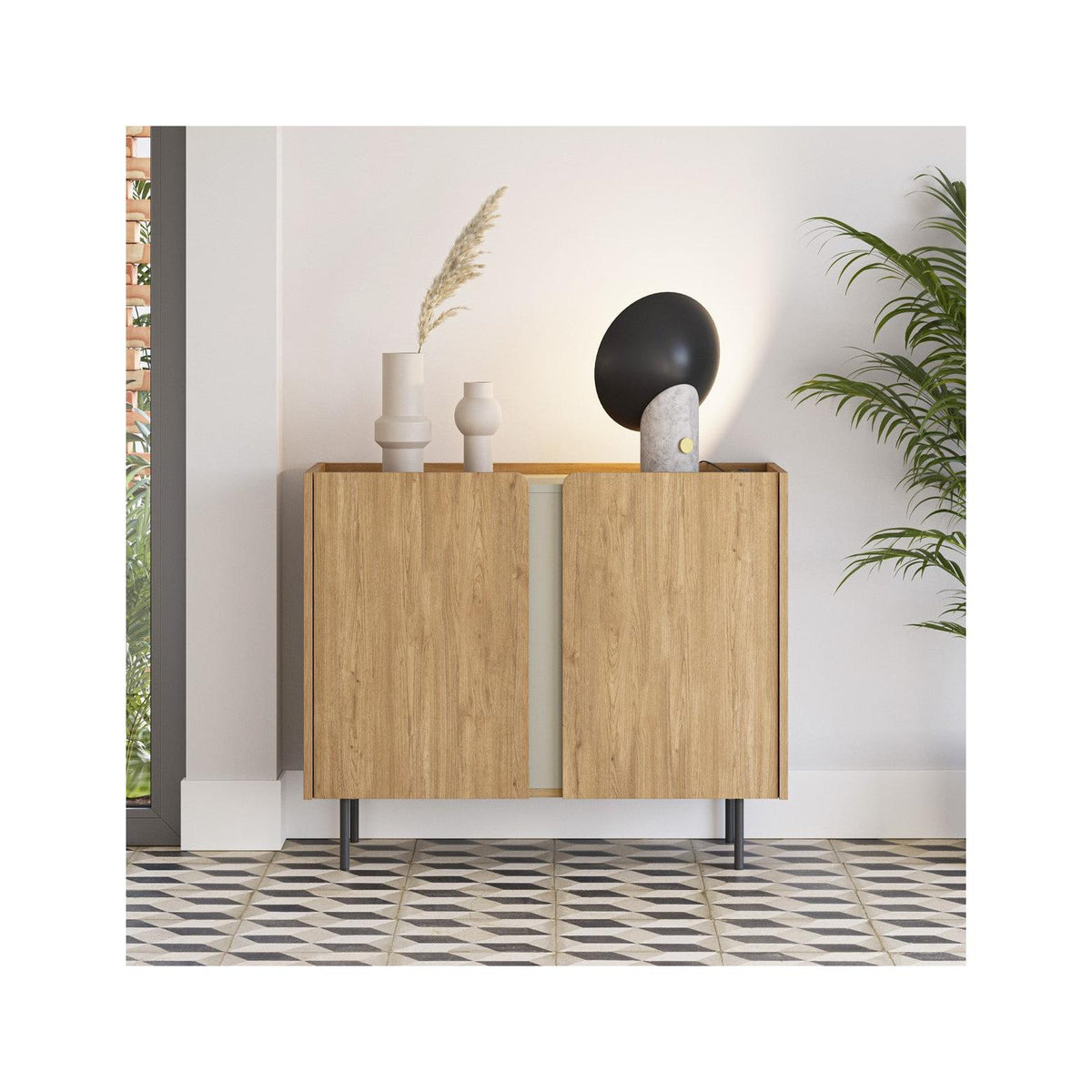 Ingo - Buffet 2 Portes Décor Chêne et Vert 100 cm - Bois