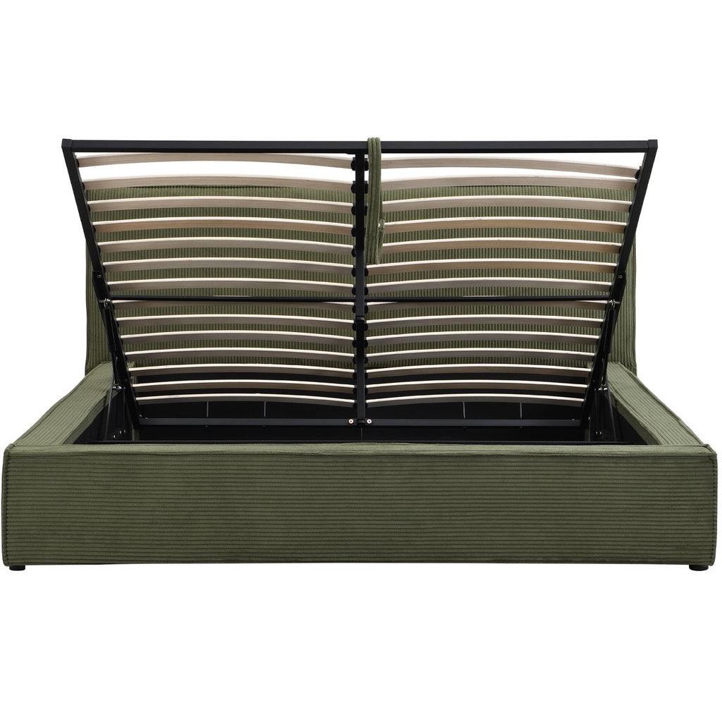 Arno - Lit Coffre Adulte 140x190 cm avec Sommier et Tête de Lit Matelassée en Velours Côtelé - Vert Kaki