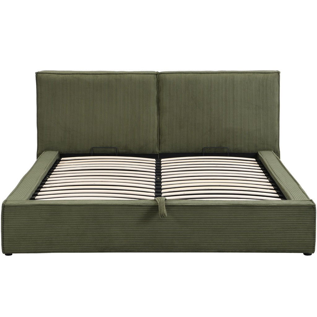 Arno - Lit Coffre Adulte 140x190 cm avec Sommier et Tête de Lit Matelassée en Velours Côtelé - Vert Kaki