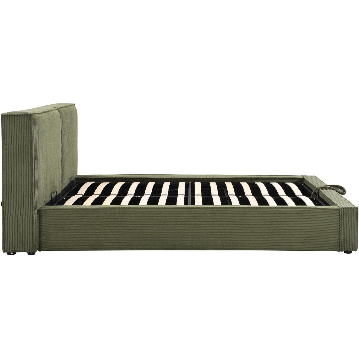 Arno - Lit Coffre Adulte 140x190 cm avec Sommier et Tête de Lit Matelassée en Velours Côtelé - Vert Kaki