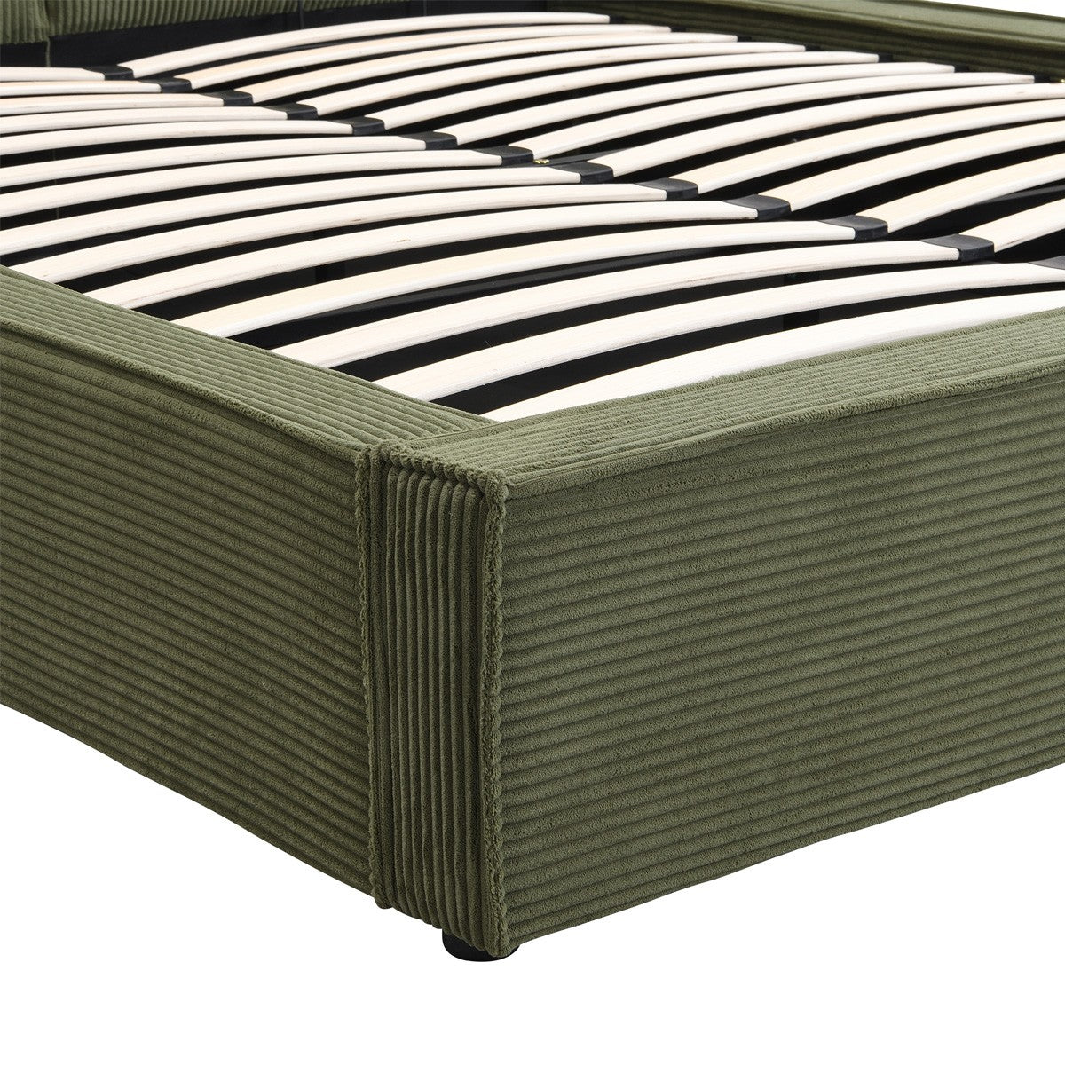 Arno - Lit Coffre Adulte 140x190 cm avec Sommier et Tête de Lit Matelassée en Velours Côtelé - Vert Kaki