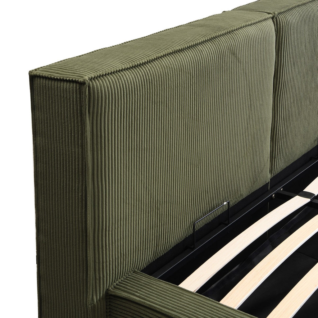 Arno - Lit Coffre Adulte 140x190 cm avec Sommier et Tête de Lit Matelassée en Velours Côtelé - Vert Kaki