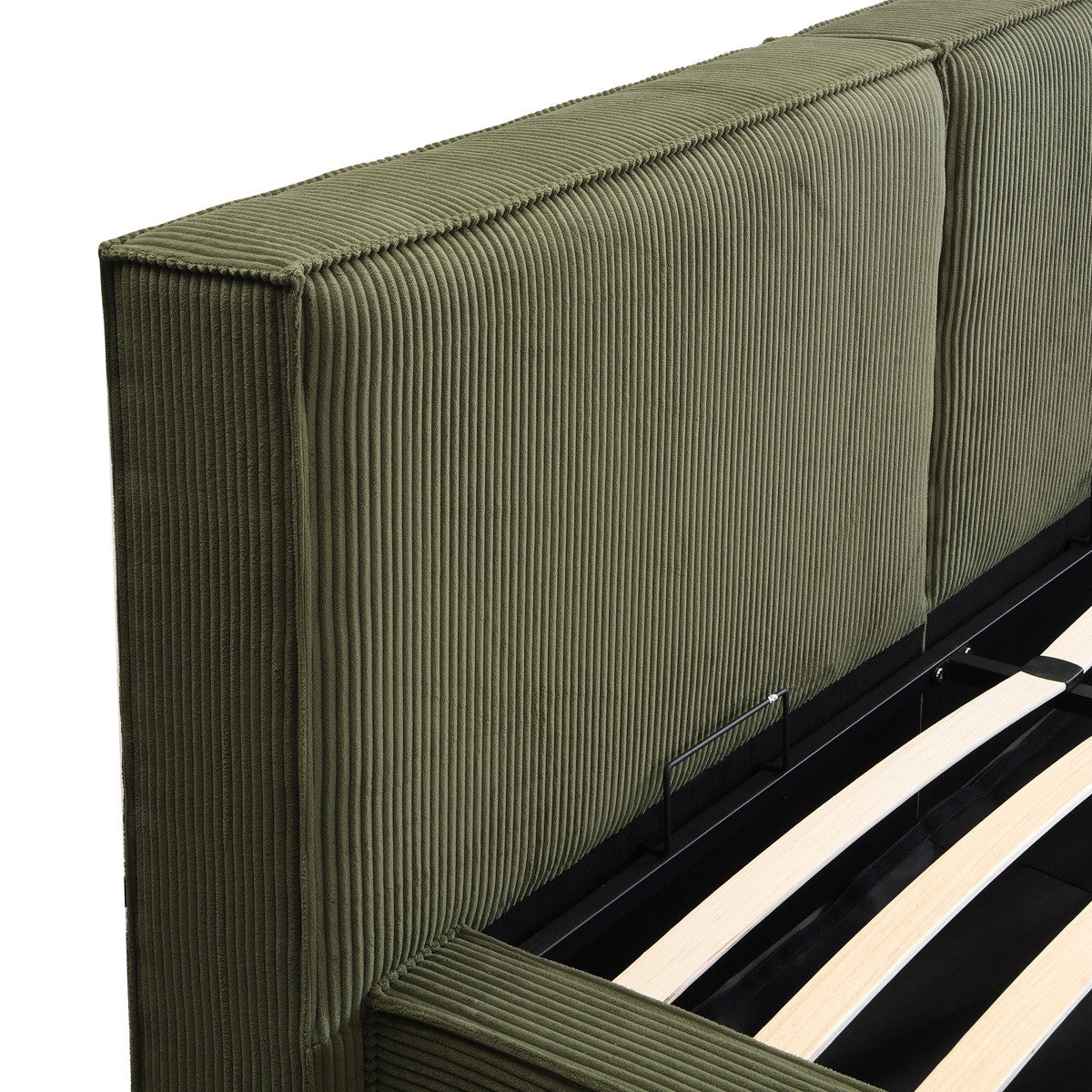 Arno - Lit Coffre Adulte 140x190 cm avec Sommier et Tête de Lit Matelassée en Velours Côtelé - Vert Kaki
