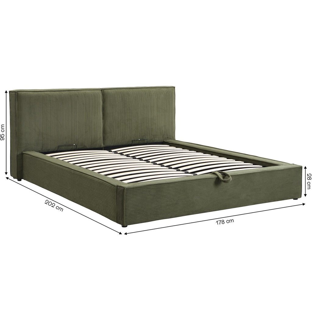 Arno - Lit Coffre Adulte 140x190 cm avec Sommier et Tête de Lit Matelassée en Velours Côtelé - Vert Kaki