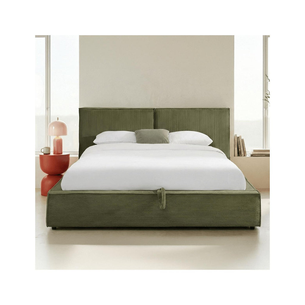 Arno - Lit Coffre Adulte 140x190 cm avec Sommier et Tête de Lit Matelassée en Velours Côtelé - Vert Kaki