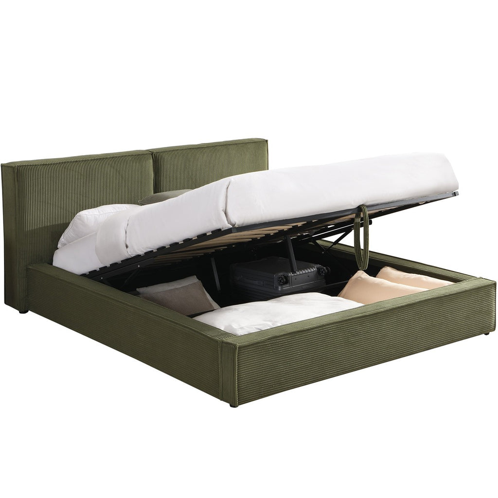 Arno - Lit Coffre Adulte 140x190 cm avec Sommier et Tête de Lit Matelassée en Velours Côtelé - Vert Kaki