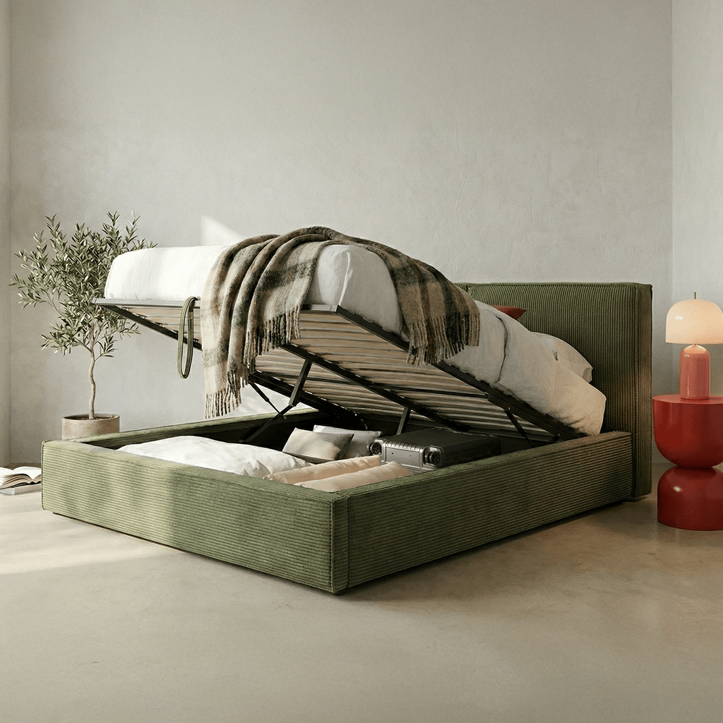 Arno - Lit Coffre Adulte 140x190 cm avec Sommier et Tête de Lit Matelassée en Velours Côtelé - Vert Kaki