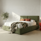 Arno - Lit Coffre Adulte 140x190 cm avec Sommier et Tête de Lit Matelassée en Velours Côtelé - Vert Kaki