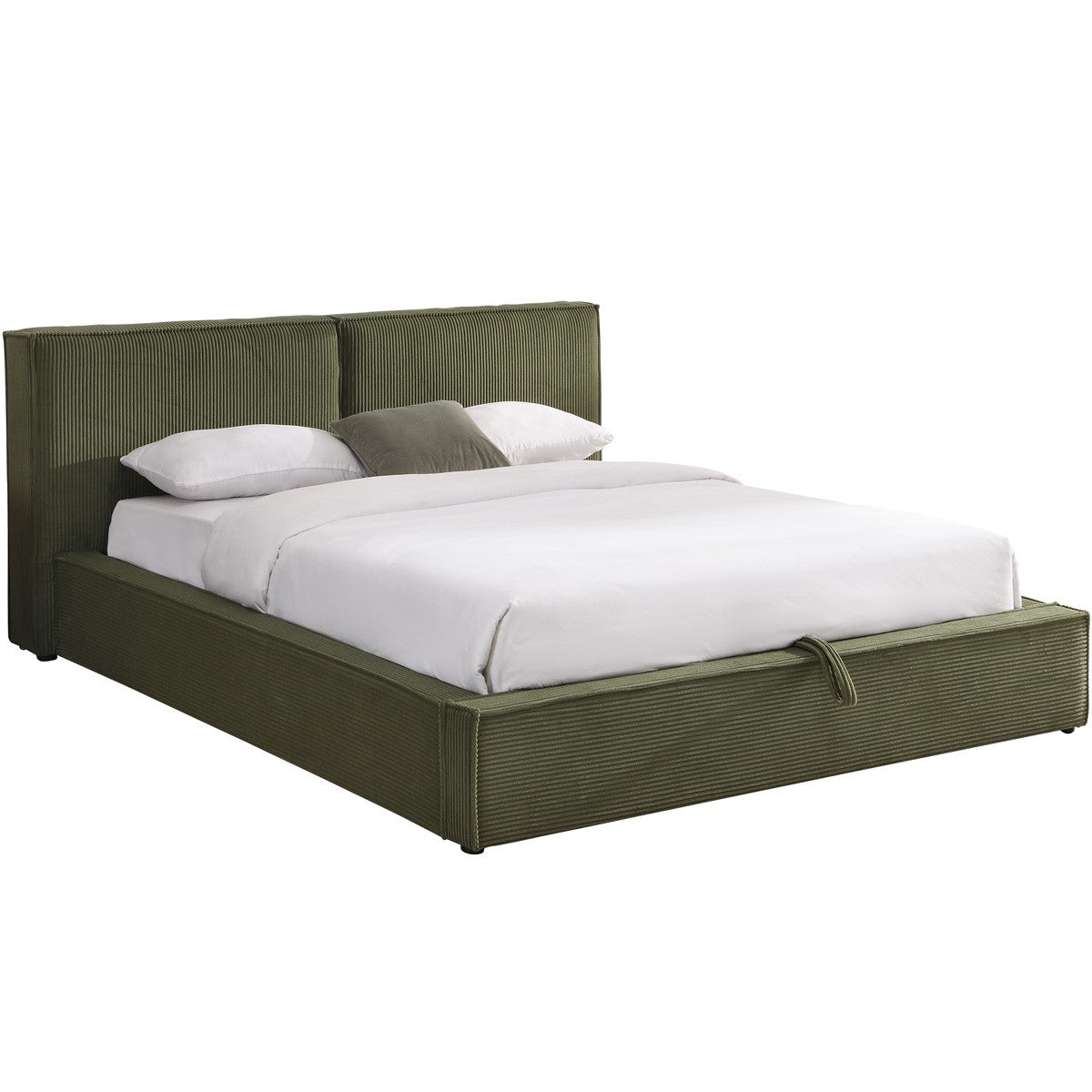 Arno - Lit Coffre Adulte 140x190 cm avec Sommier et Tête de Lit Matelassée en Velours Côtelé - Vert Kaki