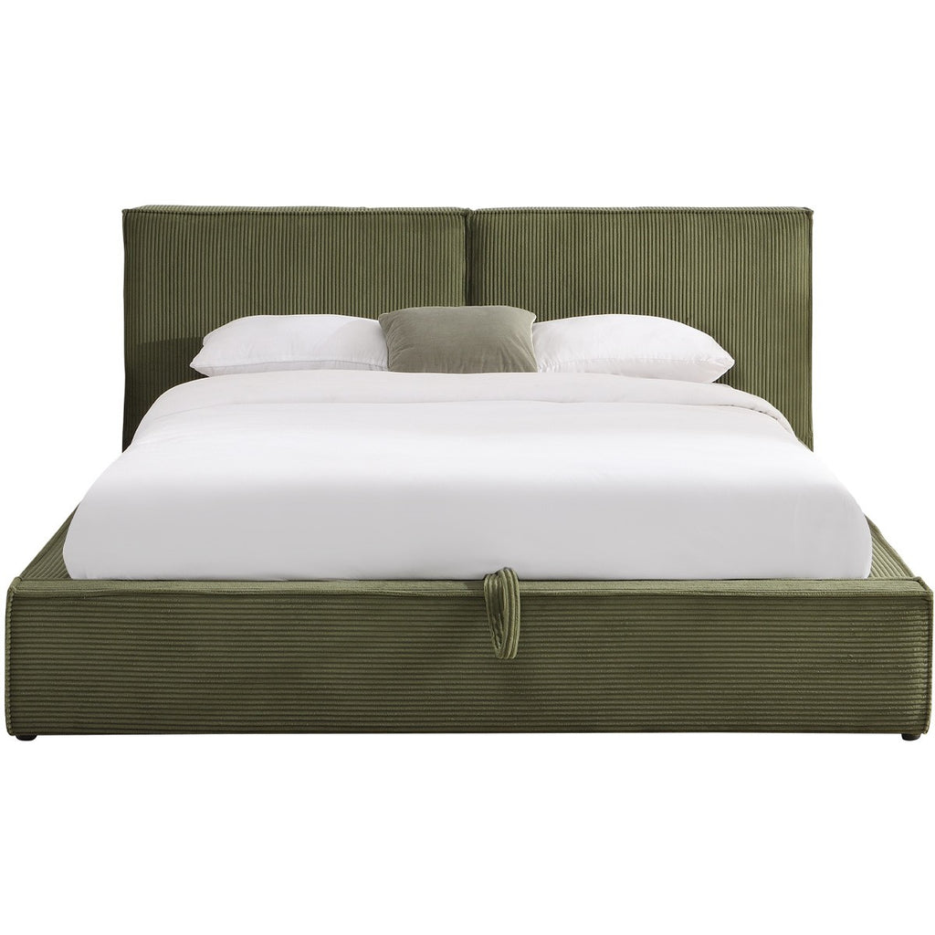 Arno - Lit Coffre Adulte 140x190 cm avec Sommier et Tête de Lit Matelassée en Velours Côtelé - Vert Kaki