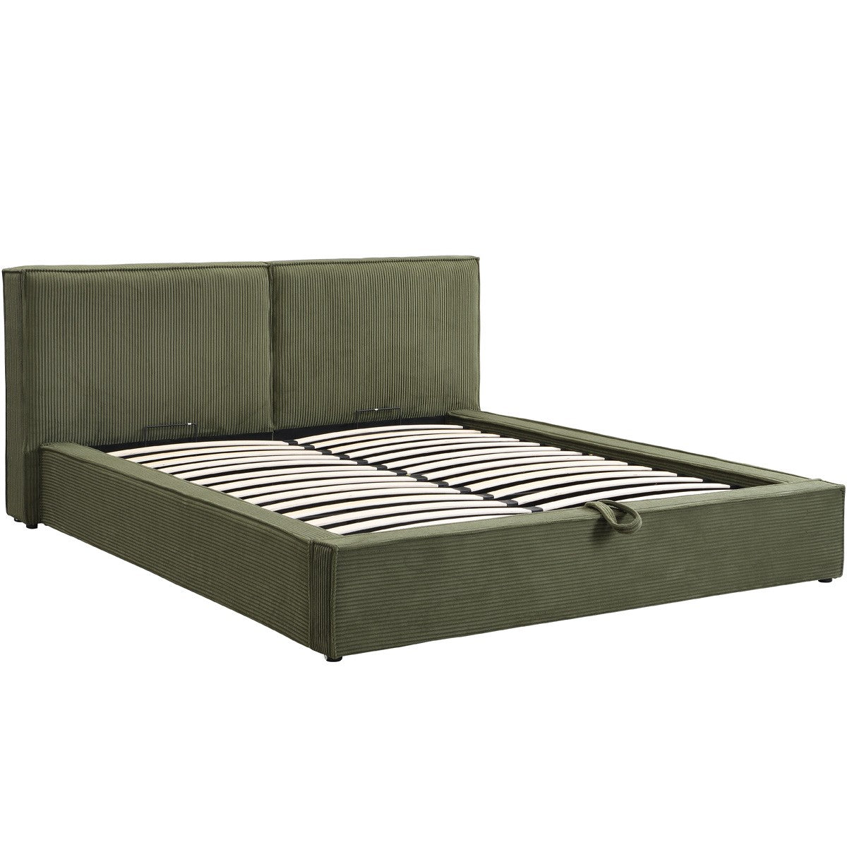 Arno - Lit Coffre Adulte 140x190 cm avec Sommier et Tête de Lit Matelassée en Velours Côtelé - Vert Kaki
