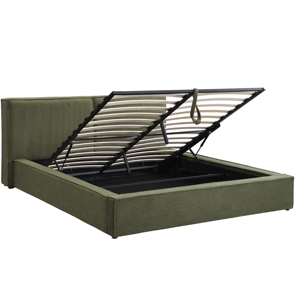 Arno - Lit Coffre Adulte 140x190 cm avec Sommier et Tête de Lit Matelassée en Velours Côtelé - Vert Kaki