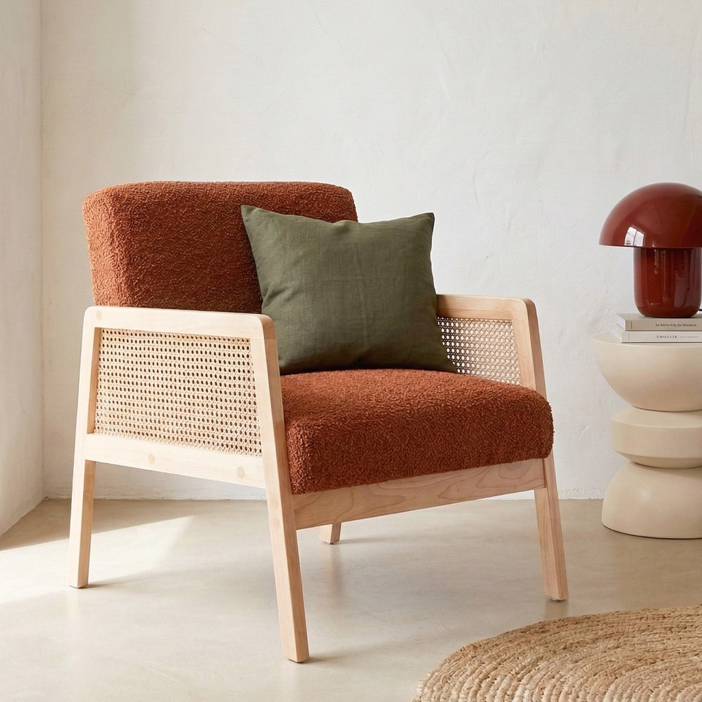 Mani - Fauteuil en Cannage et Tissu Bouclé - Rouille