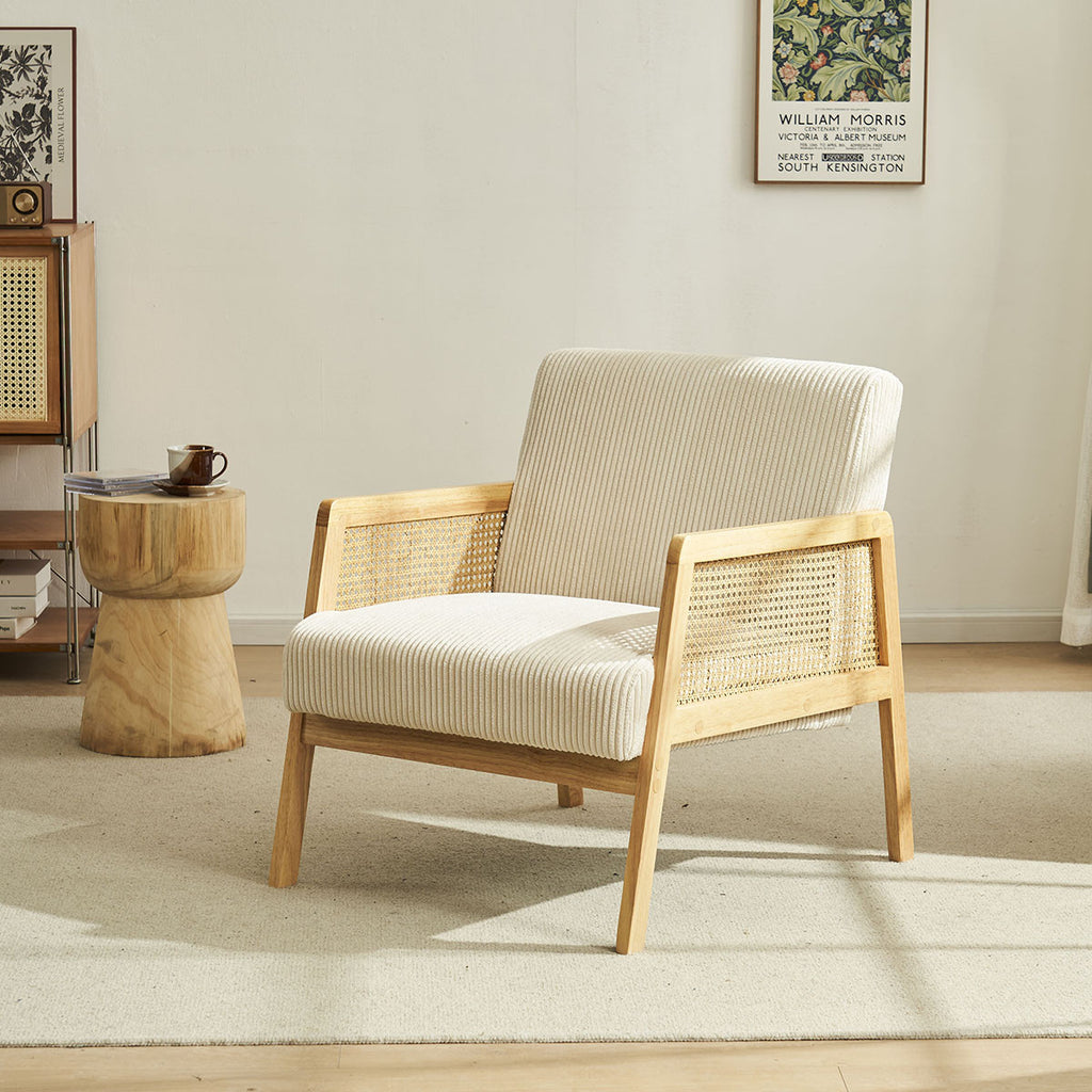 Mani - Fauteuil en Cannage et Velours Côtelé - Beige