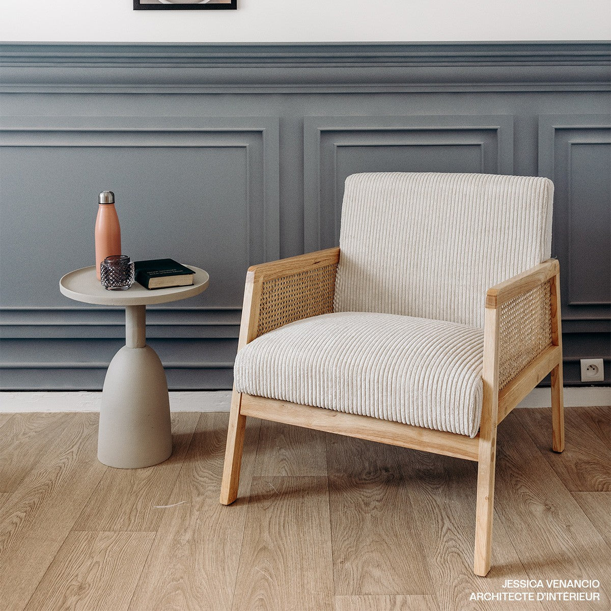 Mani - Fauteuil en Cannage et Velours Côtelé - Beige