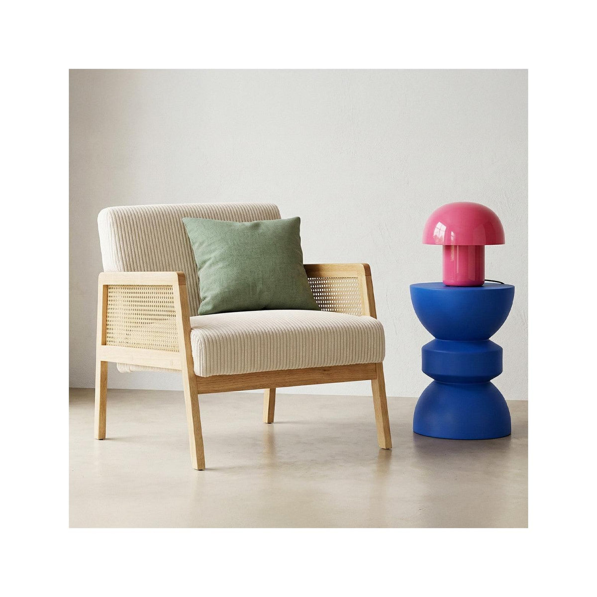 Mani - Fauteuil en Cannage et Velours Côtelé - Beige
