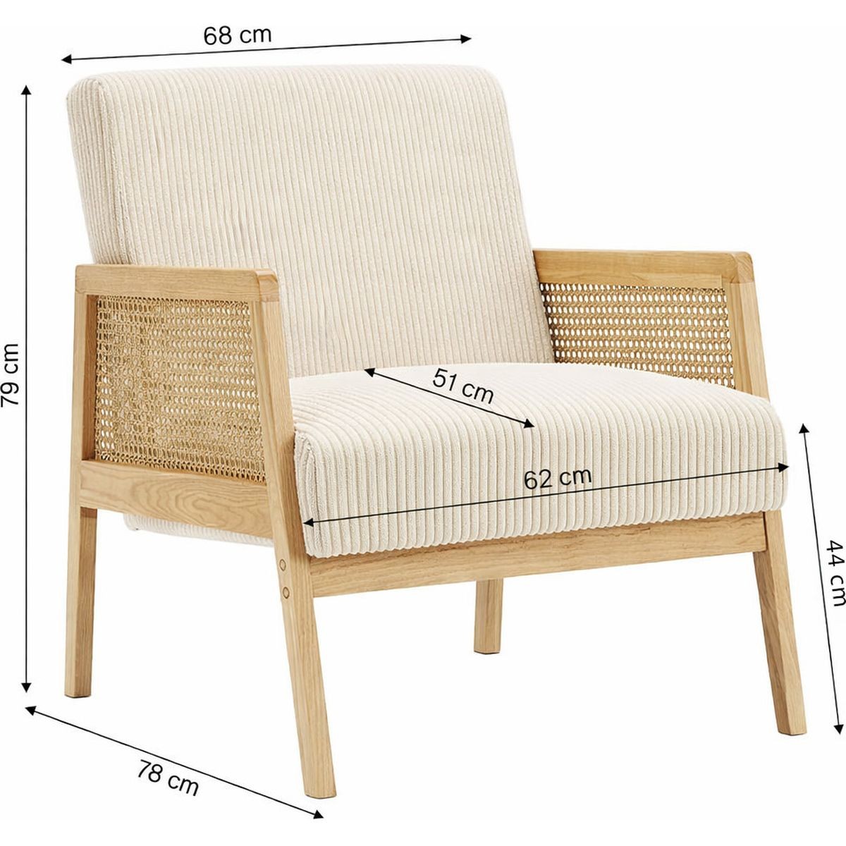 Mani - Fauteuil en Cannage et Velours Côtelé - Beige