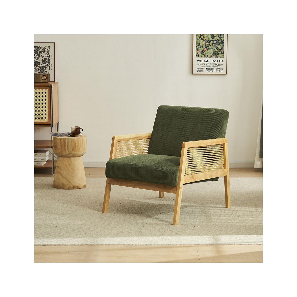 Mani - Fauteuil en Cannage et Velours Côtelé - Vert Kaki