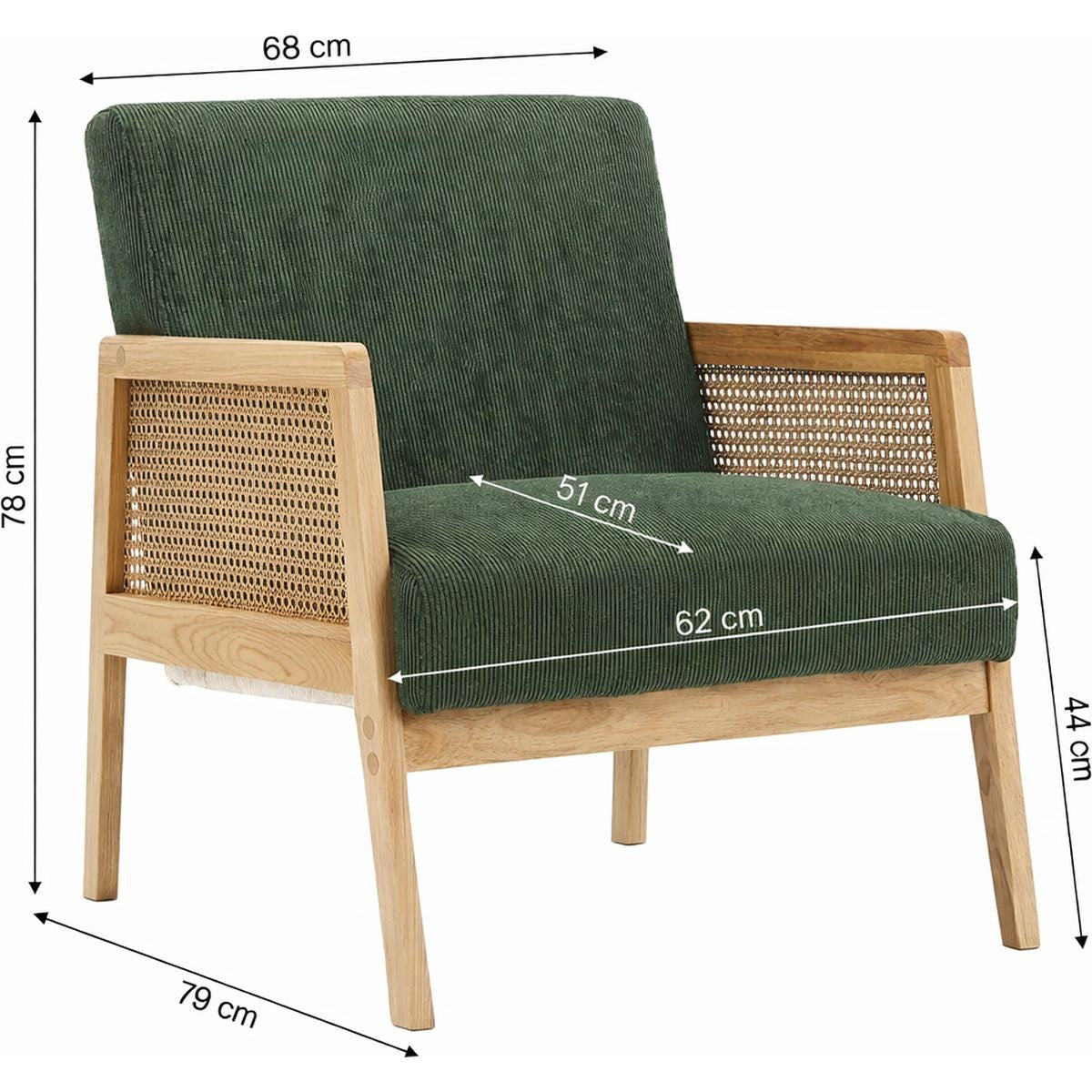 Mani - Fauteuil en Cannage et Velours Côtelé - Vert Kaki