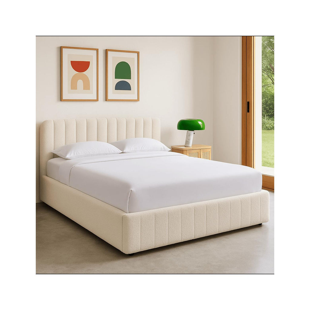 Ava - Lit Coffre Adulte 140x190 cm avec Tête de Lit Capitonnée en Tissu Bouclé - Beige
