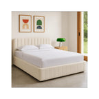 Ava - Lit Coffre Adulte 140x190 cm avec Tête de Lit Capitonnée en Tissu Bouclé - Beige