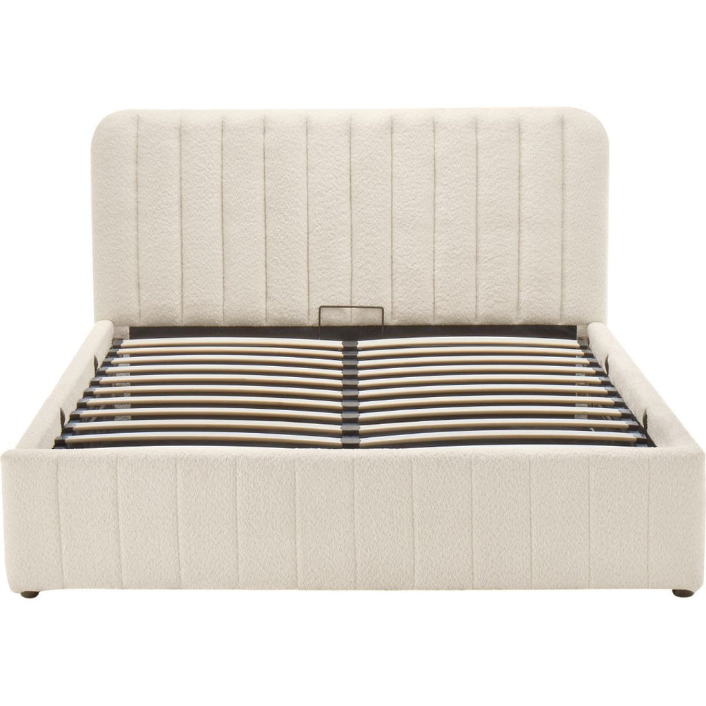 Ava - Lit Coffre Adulte 140x190 cm avec Tête de Lit Capitonnée en Tissu Bouclé - Beige