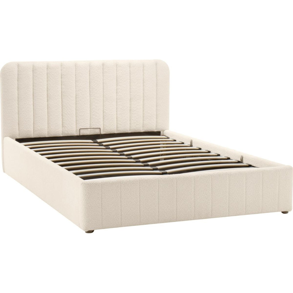 Ava - Lit Coffre Adulte 140x190 cm avec Tête de Lit Capitonnée en Tissu Bouclé - Beige