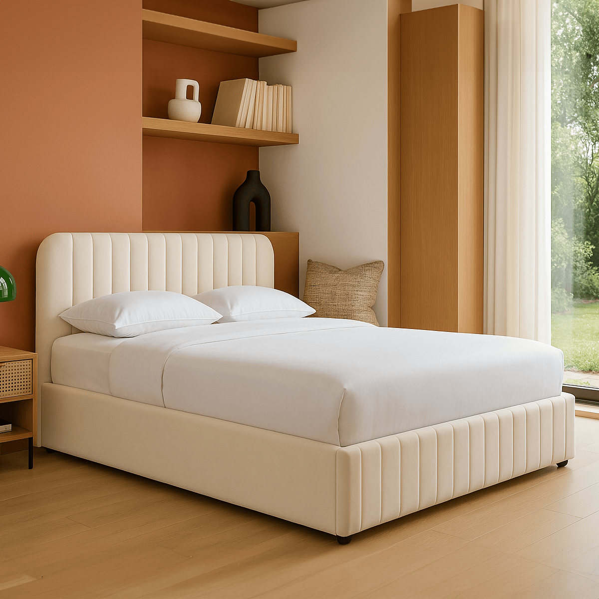 Ava - Lit Coffre Adulte 140x190 cm avec Tête de Lit Capitonnée en Velours - Beige