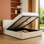 Ava - Lit Coffre Adulte 140x190 cm avec Tête de Lit Capitonnée en Velours - Beige