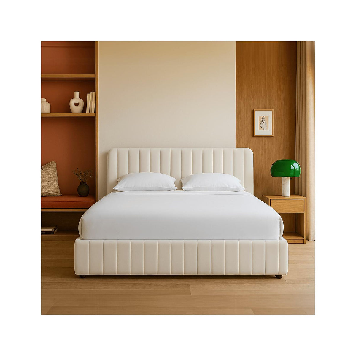 Ava - Lit Coffre Adulte 140x190 cm avec Tête de Lit Capitonnée en Velours - Beige