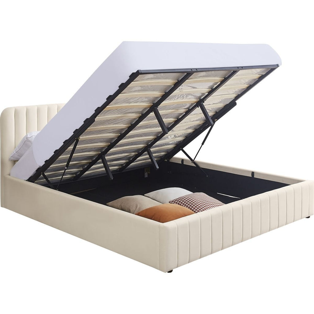 Ava - Lit Coffre Adulte 140x190 cm avec Tête de Lit Capitonnée en Velours - Beige