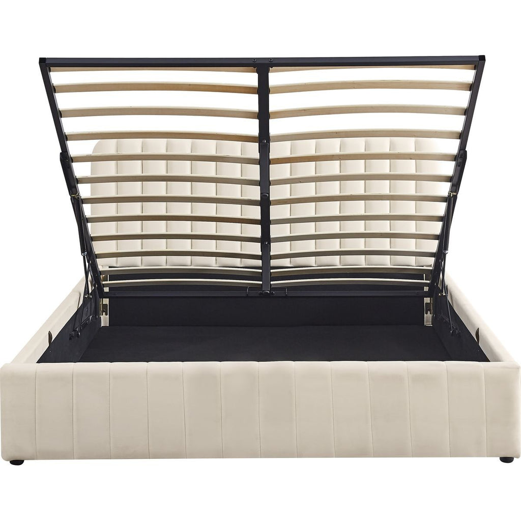 Ava - Lit Coffre Adulte 140x190 cm avec Tête de Lit Capitonnée en Velours - Beige