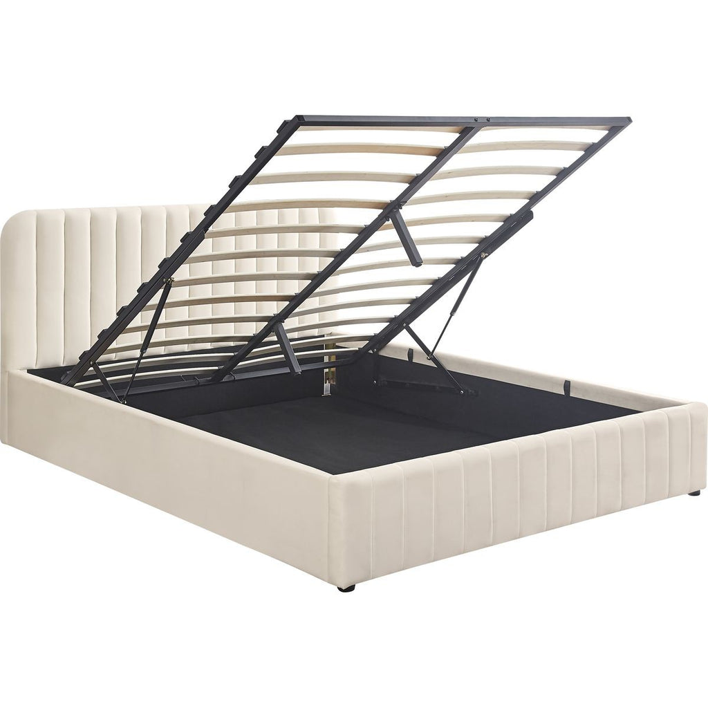 Ava - Lit Coffre Adulte 140x190 cm avec Tête de Lit Capitonnée en Velours - Beige