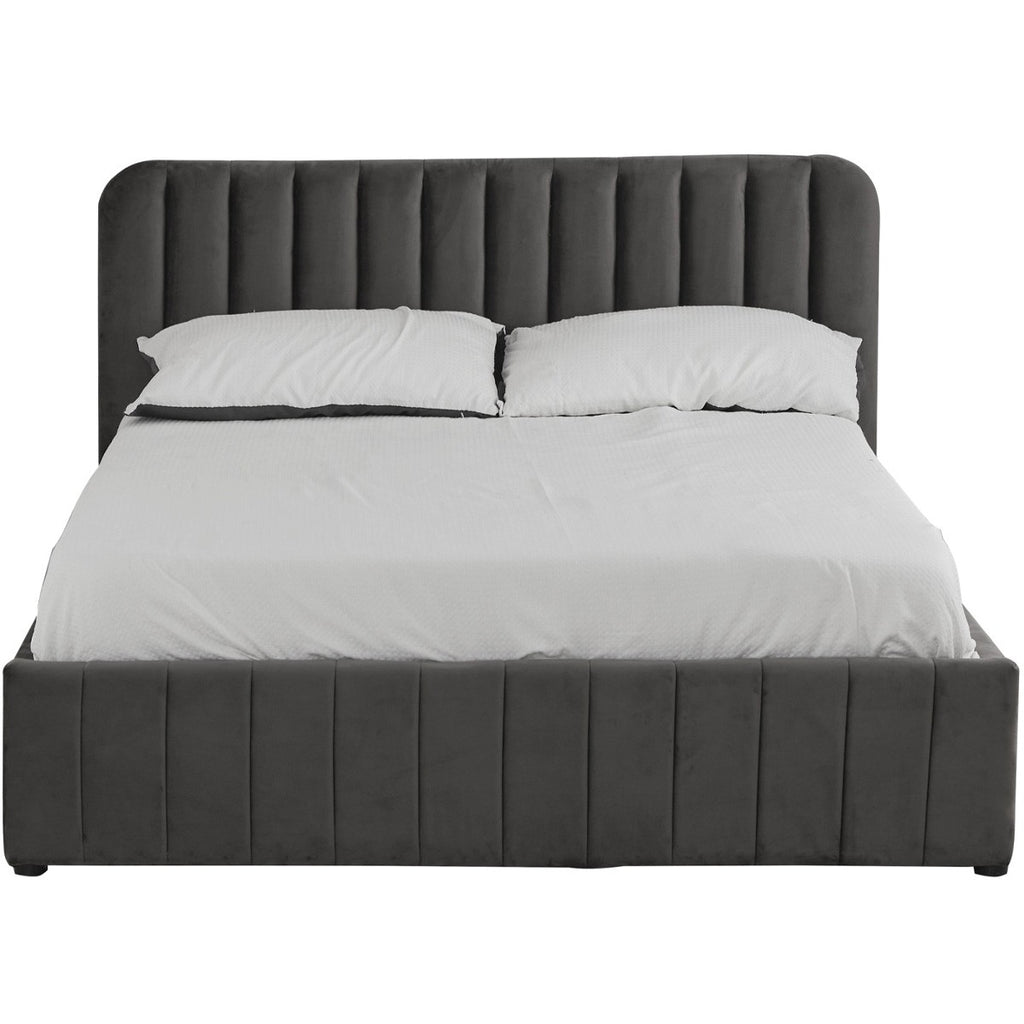Ava - Lit Coffre Adulte 140x190 cm avec Tête de Lit Capitonnée en Velours - Gris