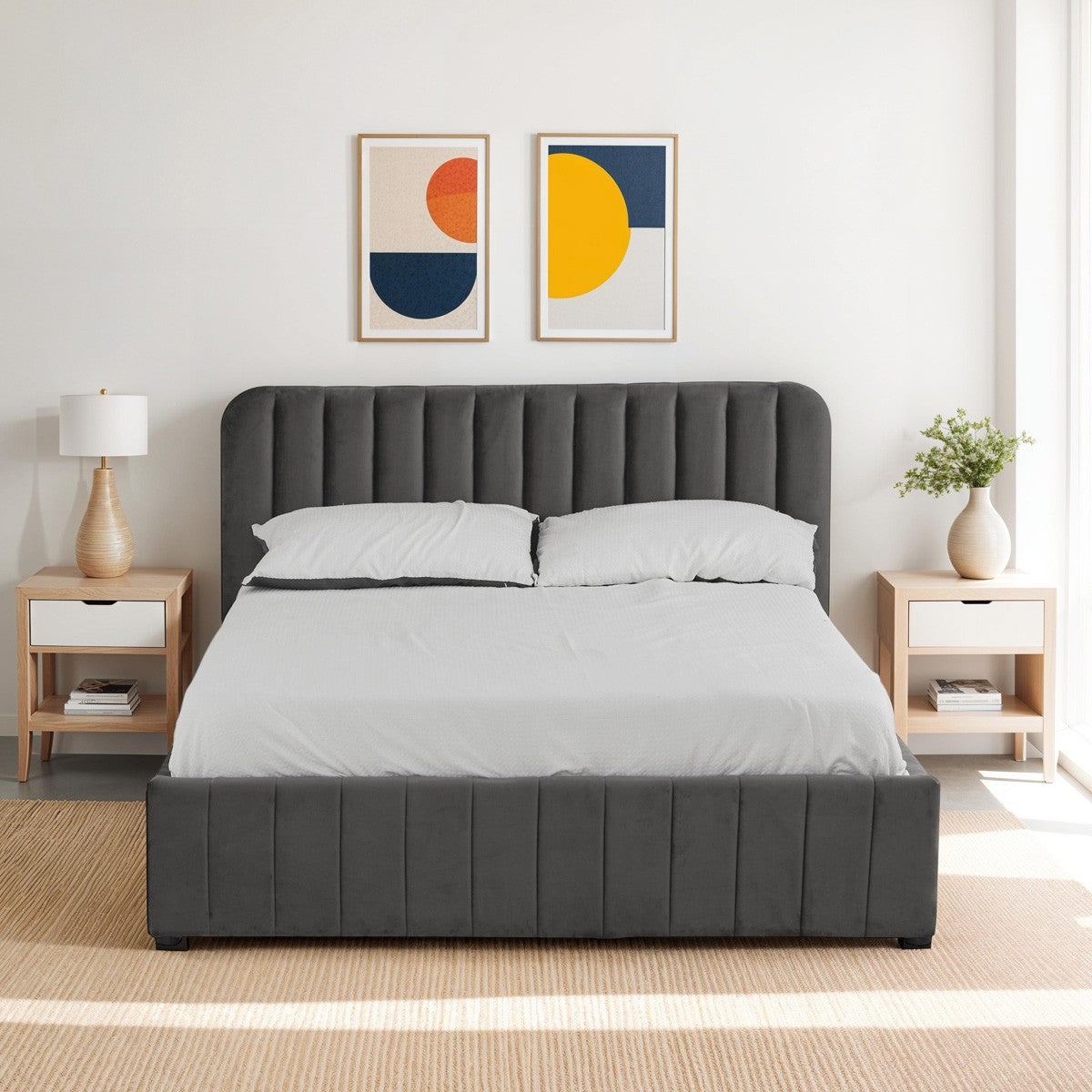 Ava - Lit Coffre Adulte 140x190 cm avec Tête de Lit Capitonnée en Velours - Gris